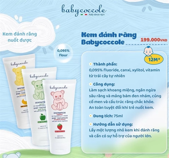Kem đánh răng Babycoccole Italy bé từ 1 tuổi 75ml