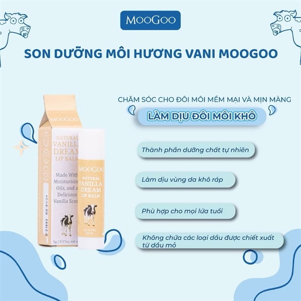 Son dưỡng môi MooGoo Lip Balm Vanilla Dream 5g – hương vani